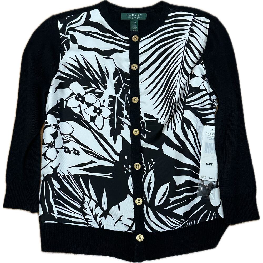 Lauren Ralph Lauren Petite Silk & Cashmere Cardigan Black White Floral Small P/S